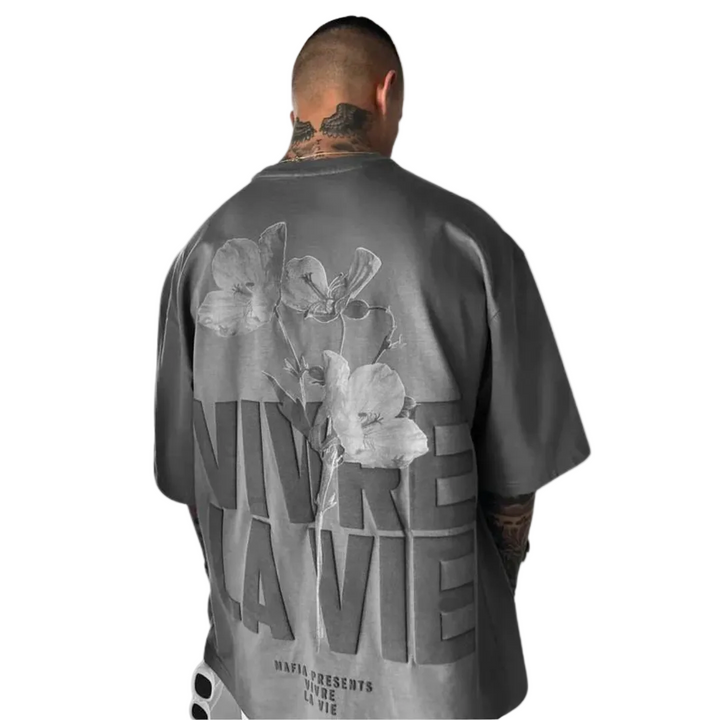 Men's Short-Sleeve Wide-Body T-Shirt with Floral and Text Graphic Back Print