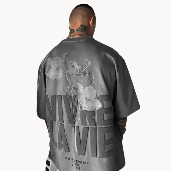 Men's Short-Sleeve Wide-Body T-Shirt with Floral and Text Graphic Back Print
