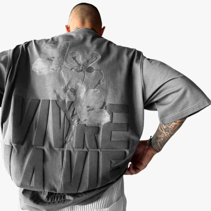 Men's Short-Sleeve Wide-Body T-Shirt with Floral and Text Graphic Back Print