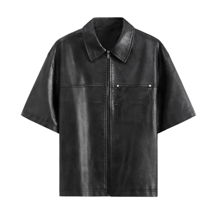 Men's Short-Sleeve Zip-Front Shirt with Turn-Down Collar and Chest Patch Pocket