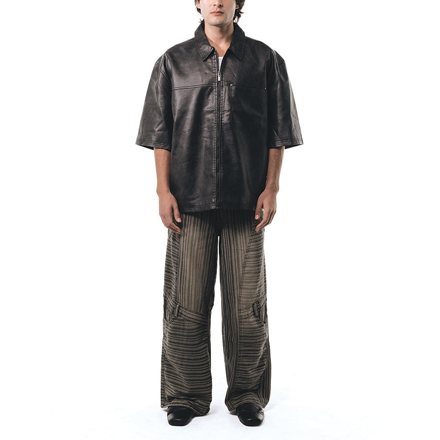 Men's Short-Sleeve Zip-Front Shirt with Turn-Down Collar and Chest Patch Pocket