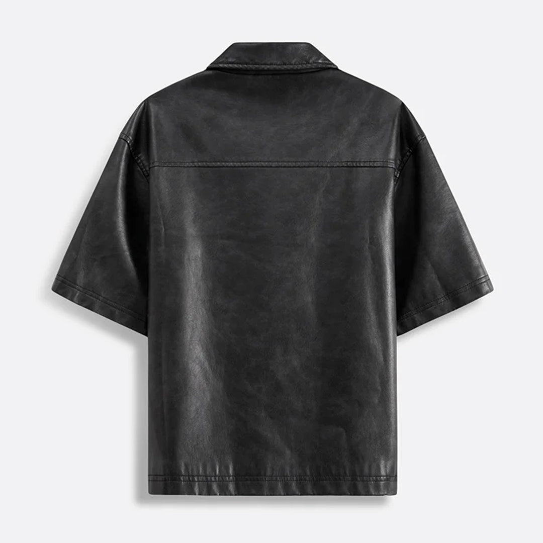Men's Short-Sleeve Zip-Front Shirt with Turn-Down Collar and Chest Patch Pocket