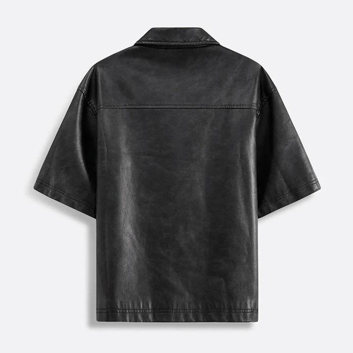 Men's Short-Sleeve Zip-Front Shirt with Turn-Down Collar and Chest Patch Pocket