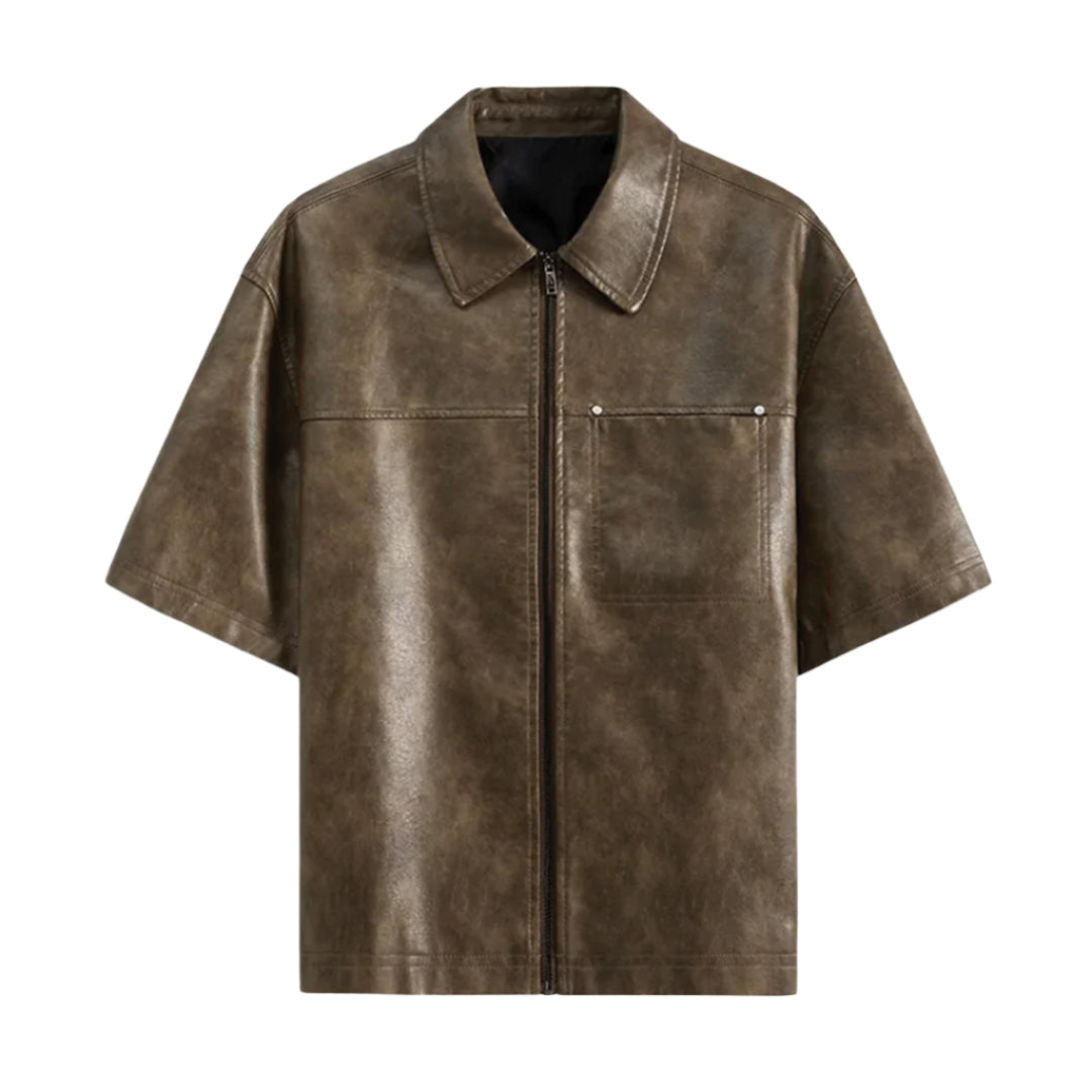 Men's Short-Sleeve Zip-Front Shirt with Turn-Down Collar and Chest Patch Pocket
