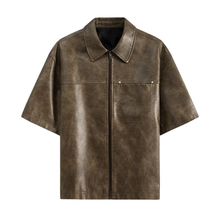 Men's Short-Sleeve Zip-Front Shirt with Turn-Down Collar and Chest Patch Pocket
