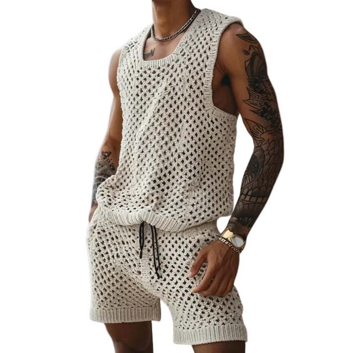 Men's Sleeveless Crew Neck Top and Short Set with Open Crochet Knit and Drawstring Waist