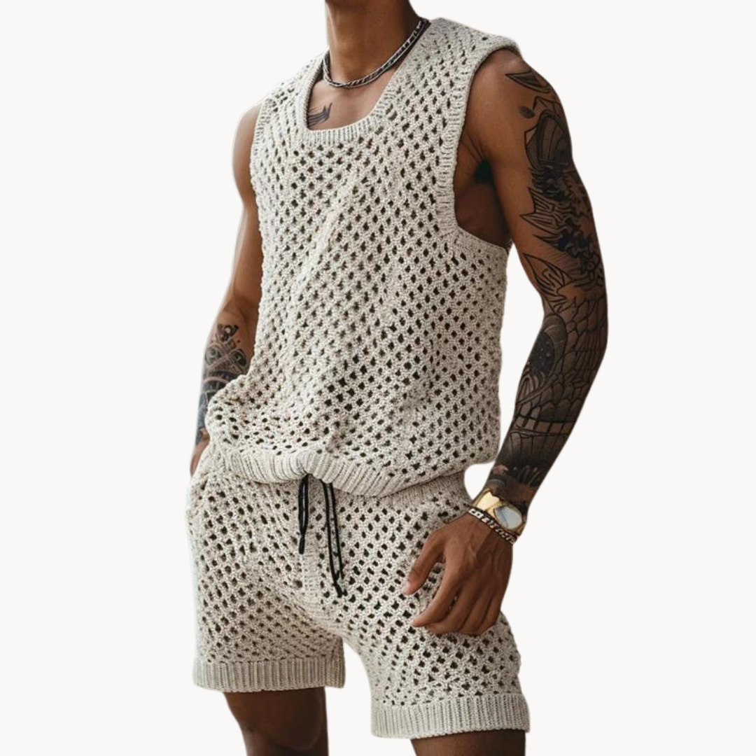 Men's Sleeveless Crew Neck Top and Short Set with Open Crochet Knit and Drawstring Waist