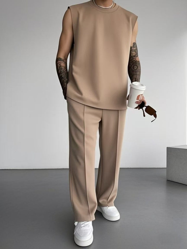 Men's Sleeveless Crew Neck Top and Straight Leg Trouser Set with Padded Shoulder Seams