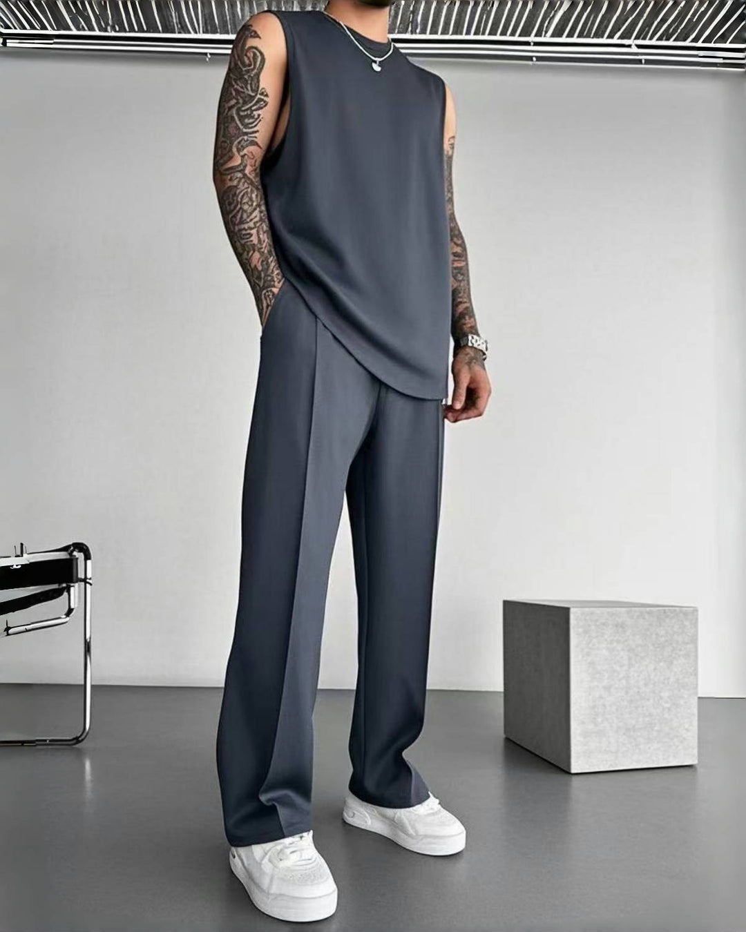 Men's Sleeveless Crew Neck Top and Straight Leg Trouser Set with Padded Shoulder Seams