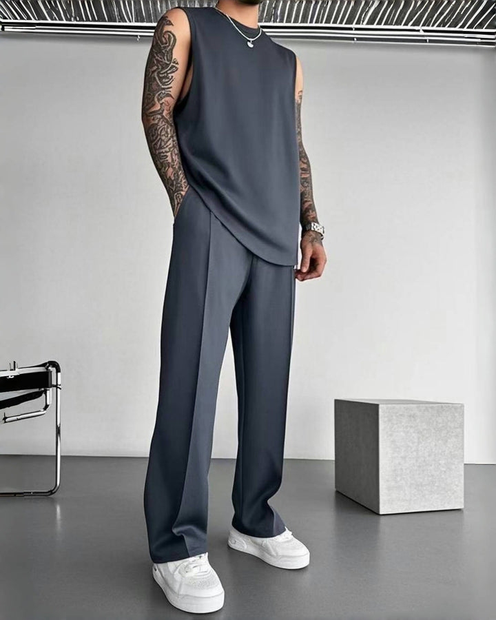 Men's Sleeveless Crew Neck Top and Straight Leg Trouser Set with Padded Shoulder Seams