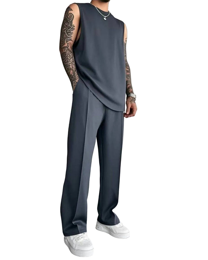 Men's Sleeveless Crew Neck Top and Straight Leg Trouser Set with Padded Shoulder Seams
