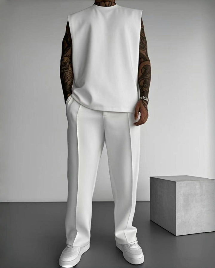 Men's Sleeveless Crew Neck Top and Straight Leg Trouser Set with Padded Shoulder Seams