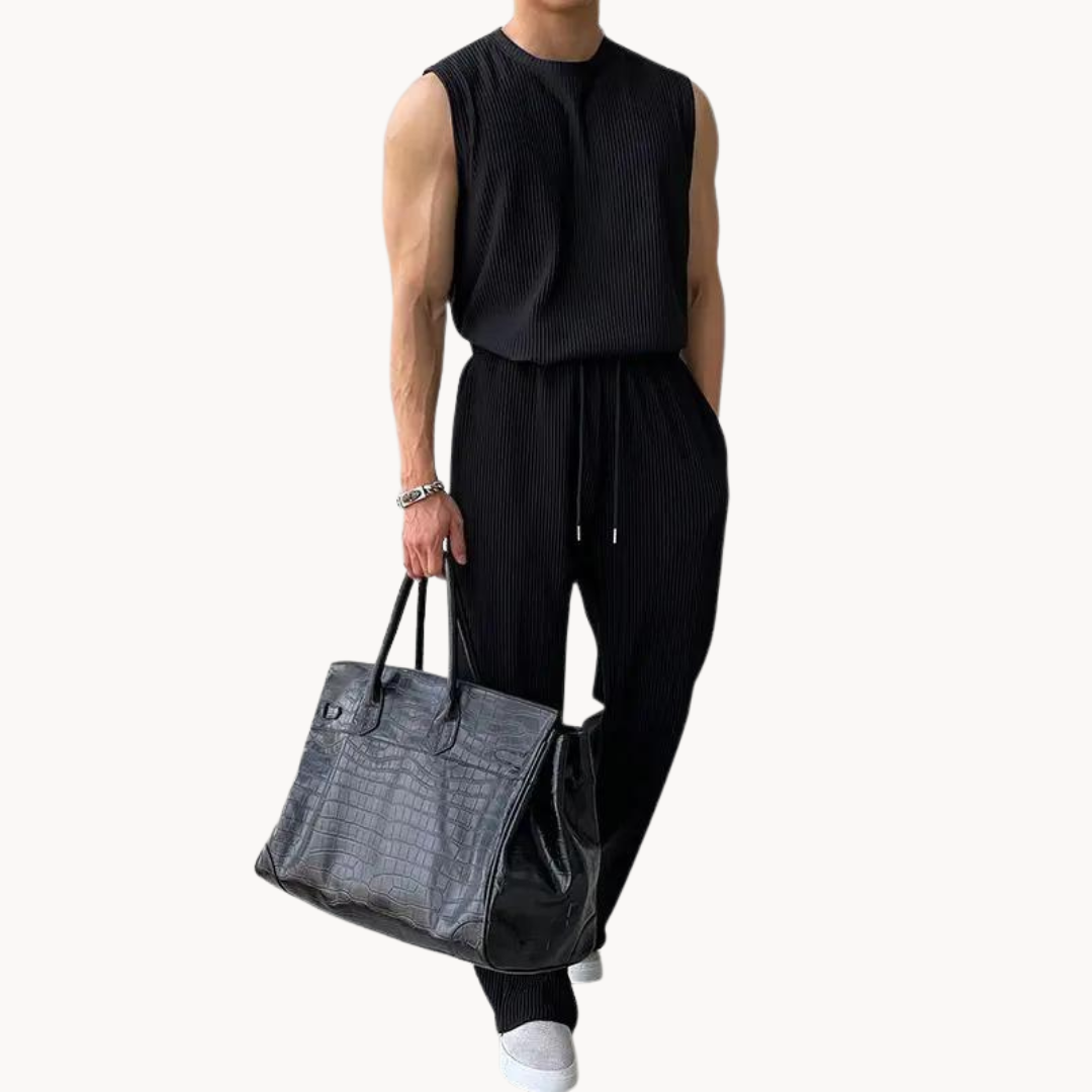 Men's Sleeveless Crew Neck Top and Wide Leg Trouser Set with Ribbed Surface and Drawstring Waist