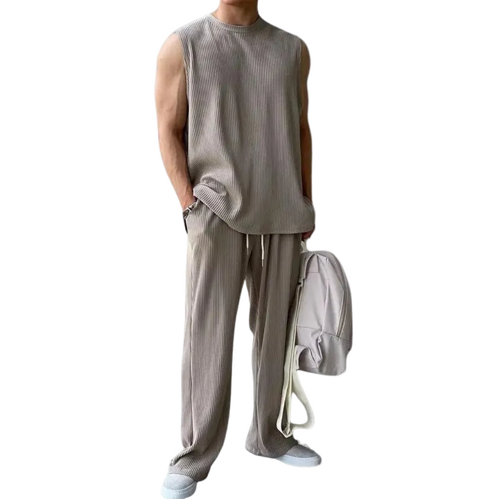 Men's Sleeveless Crew Neck Top and Wide Leg Trouser Set with Ribbed Surface and Drawstring Waist