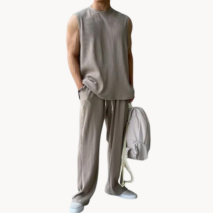 Men's Sleeveless Crew Neck Top and Wide Leg Trouser Set with Ribbed Surface and Drawstring Waist