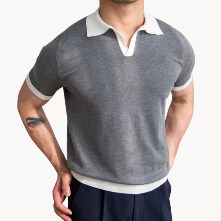 Men's Solid Short Sleeve Polo Shirt with Contrast Open Collar and Ribbed Hem