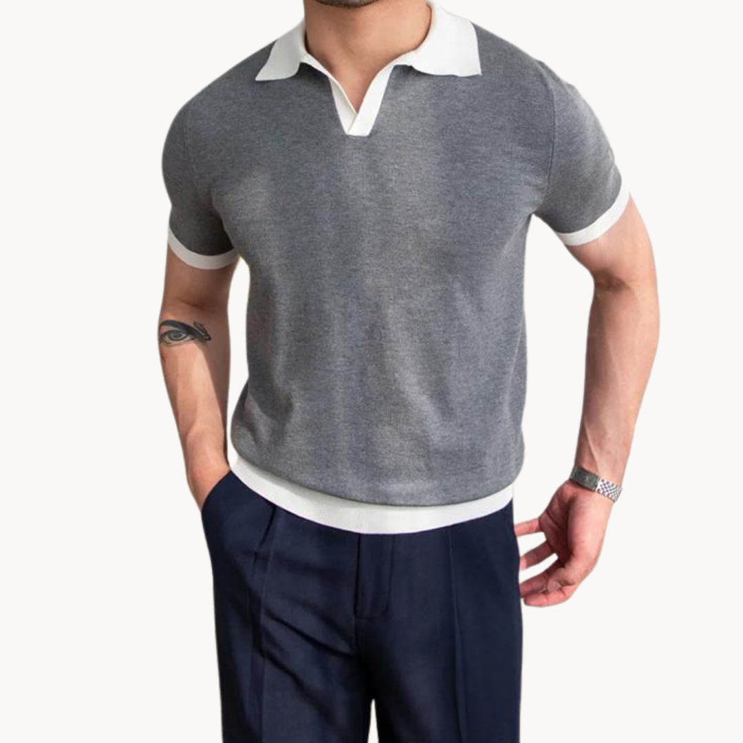 Men's Solid Short Sleeve Polo Shirt with Contrast Open Collar and Ribbed Hem