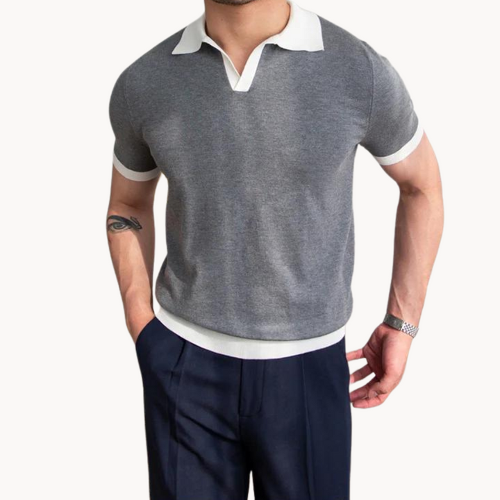 Men's Solid Short Sleeve Polo Shirt with Contrast Open Collar and Ribbed Hem