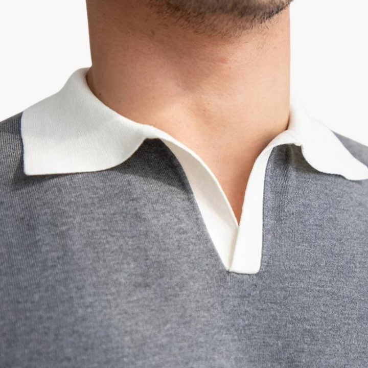 Men's Solid Short Sleeve Polo Shirt with Contrast Open Collar and Ribbed Hem