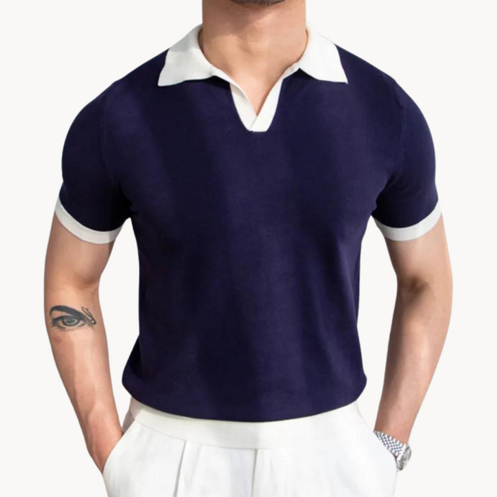 Men's Solid Short Sleeve Polo Shirt with Contrast Open Collar and Ribbed Hem
