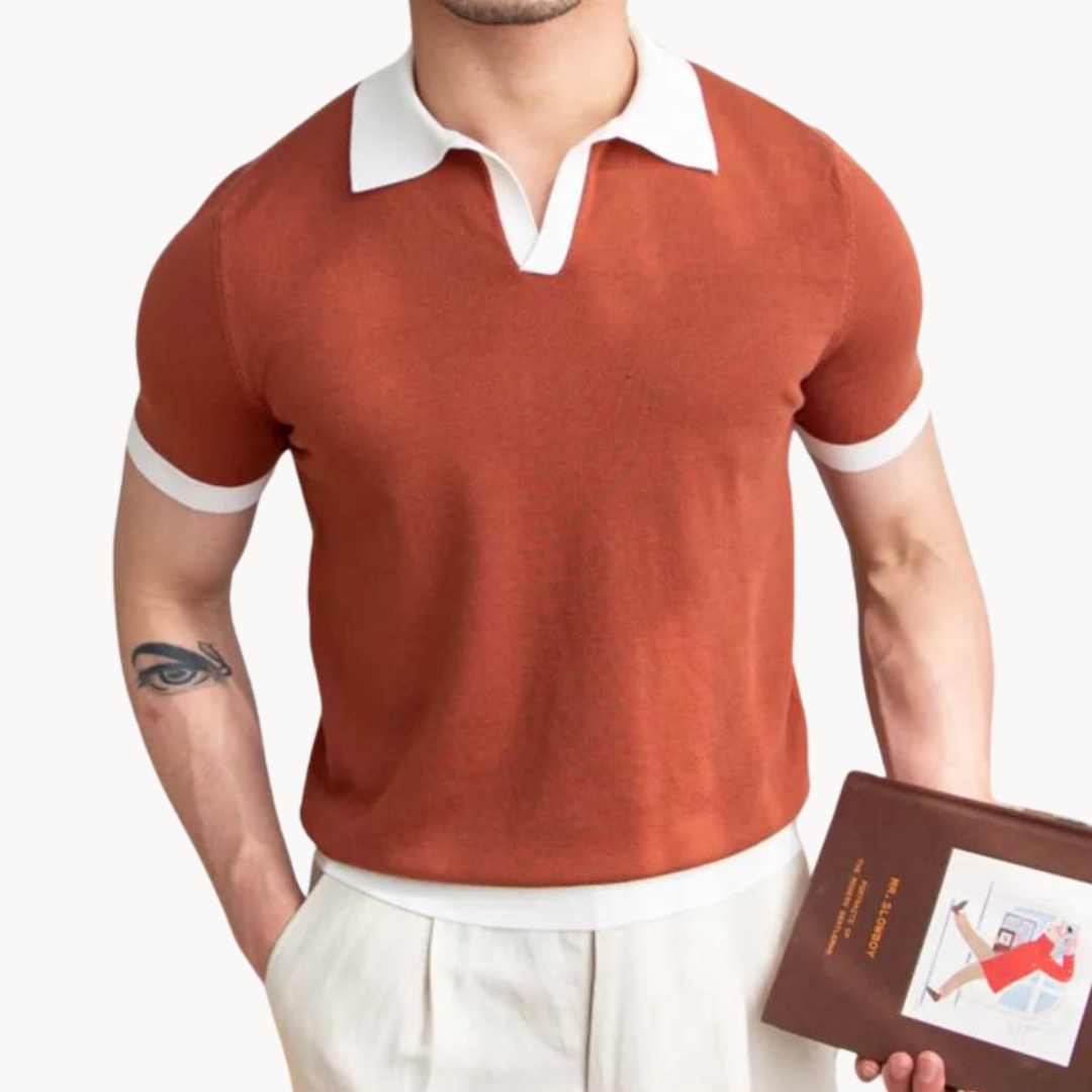 Men's Solid Short Sleeve Polo Shirt with Contrast Open Collar and Ribbed Hem