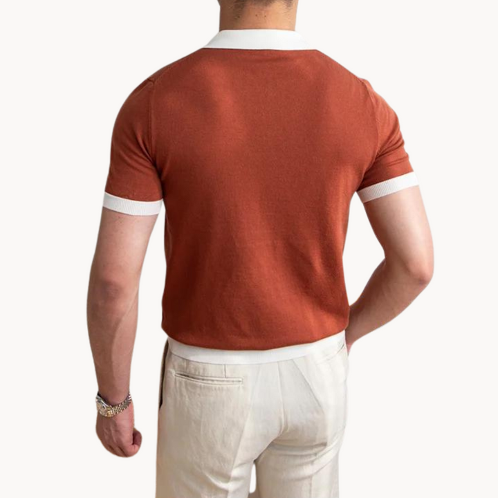 Men's Solid Short Sleeve Polo Shirt with Contrast Open Collar and Ribbed Hem