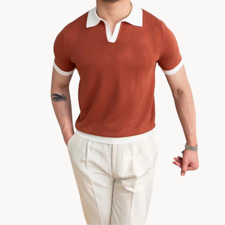 Men's Solid Short Sleeve Polo Shirt with Contrast Open Collar and Ribbed Hem