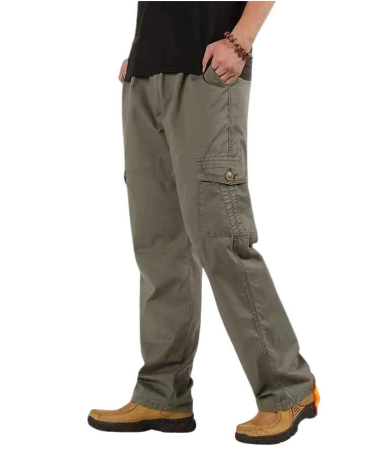 Men's Straight-Leg Cargo Trousers with Button Flap Side Pockets and Elastic Waistband