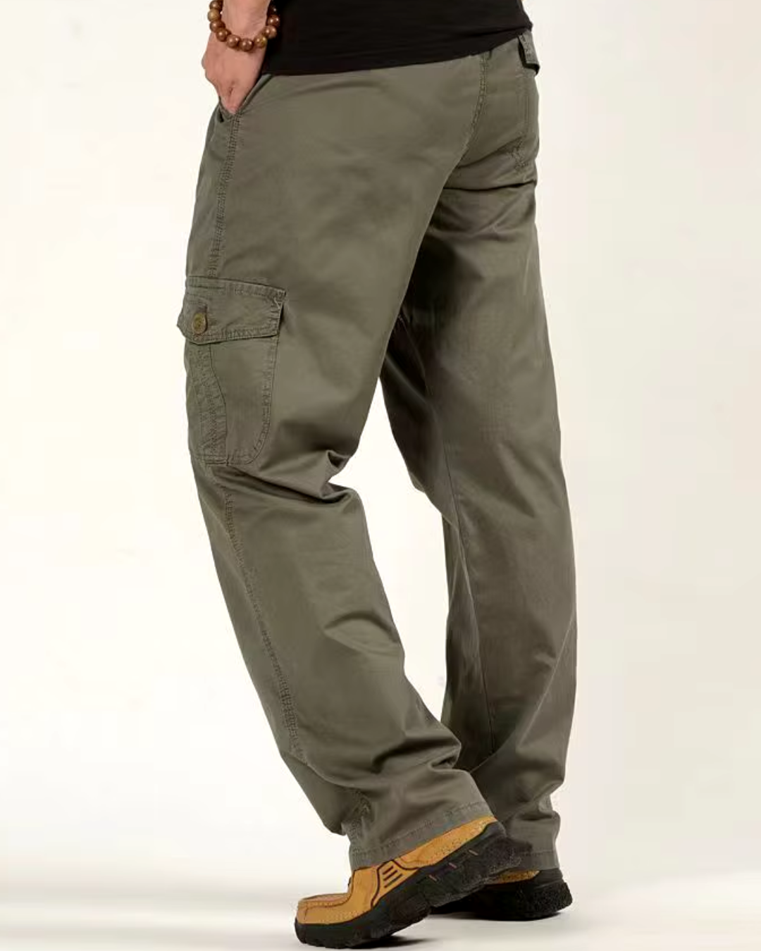 Men's Straight-Leg Cargo Trousers with Button Flap Side Pockets and Elastic Waistband