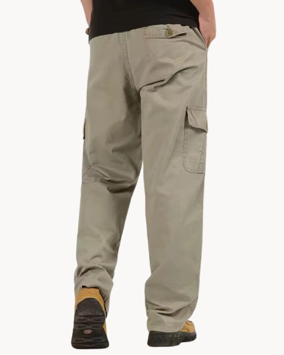 Men's Straight-Leg Cargo Trousers with Button Flap Side Pockets and Elastic Waistband