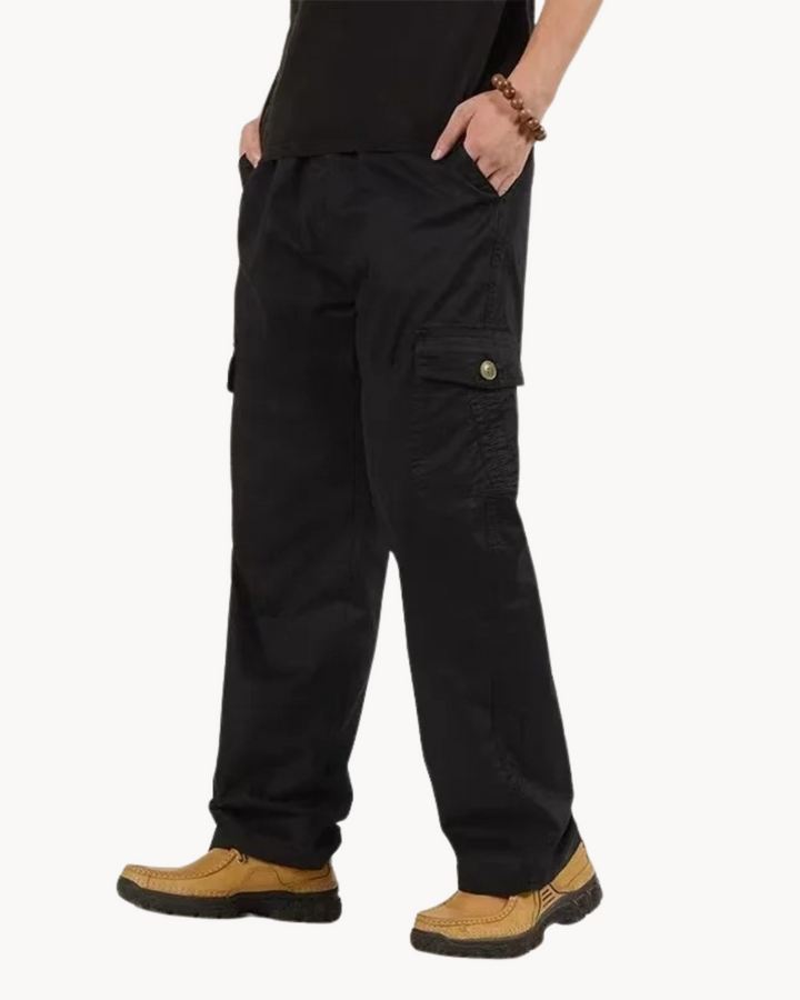 Men's Straight-Leg Cargo Trousers with Button Flap Side Pockets and Elastic Waistband