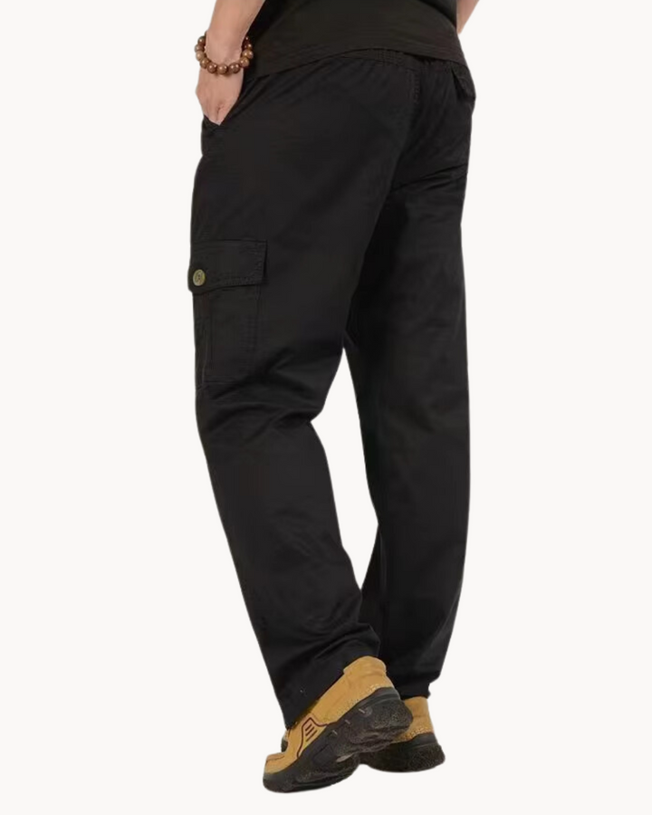 Men's Straight-Leg Cargo Trousers with Button Flap Side Pockets and Elastic Waistband