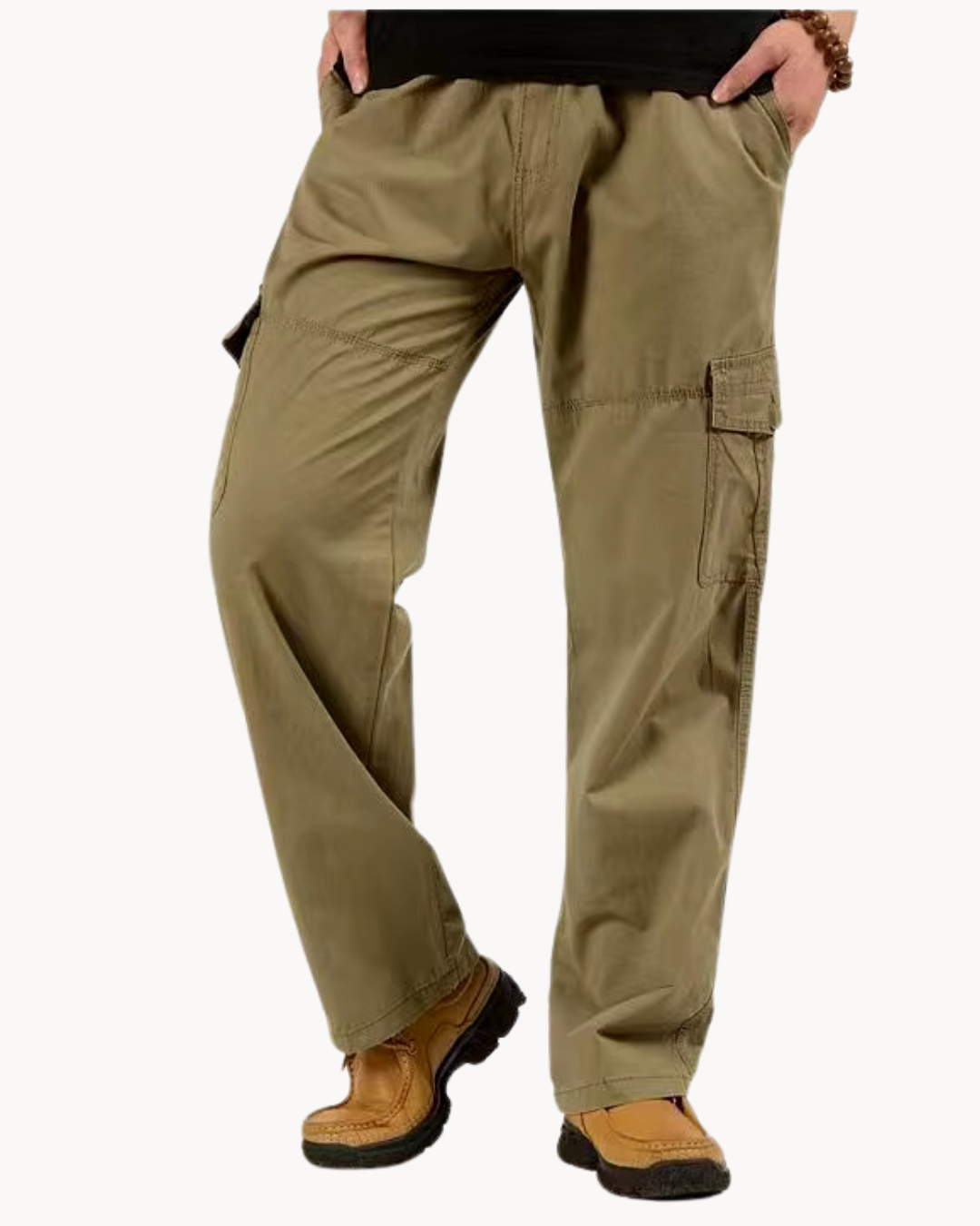 Men's Straight-Leg Cargo Trousers with Button Flap Side Pockets and Elastic Waistband