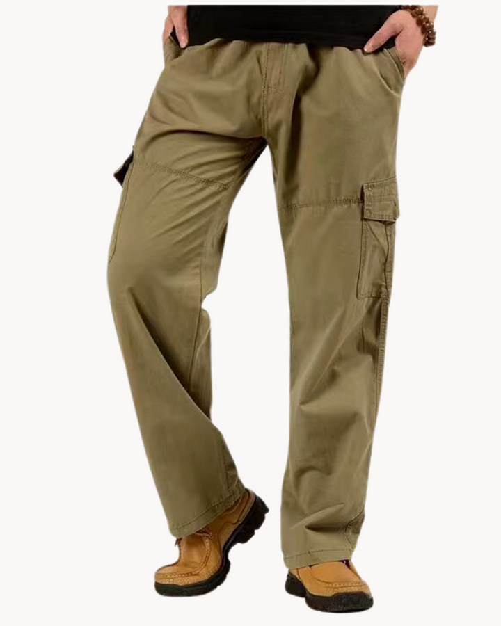 Men's Straight-Leg Cargo Trousers with Button Flap Side Pockets and Elastic Waistband