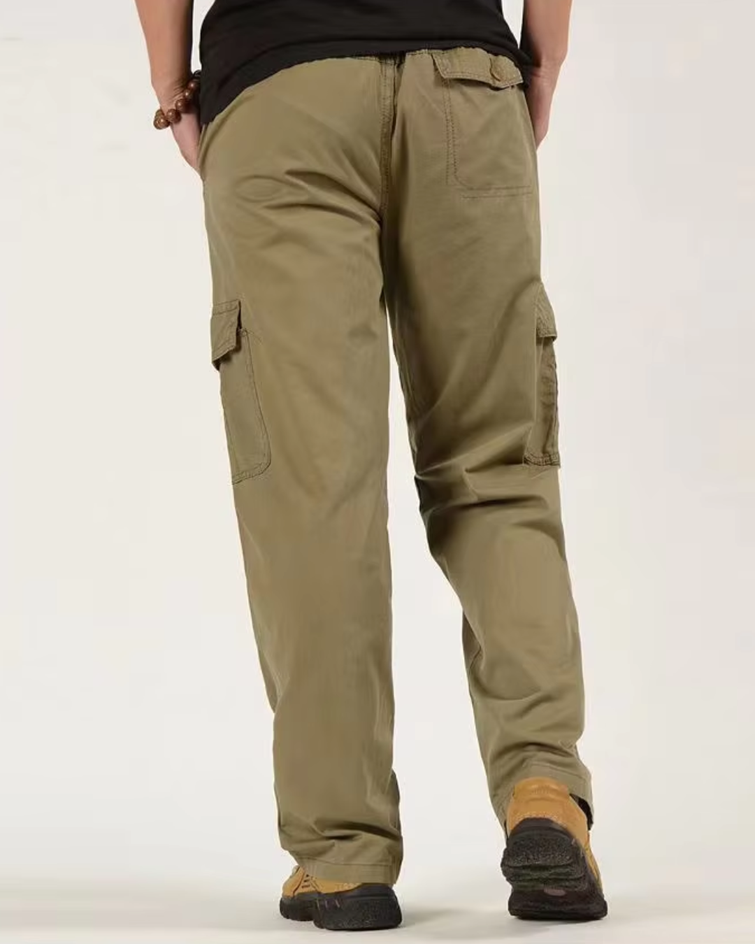 Men's Straight-Leg Cargo Trousers with Button Flap Side Pockets and Elastic Waistband