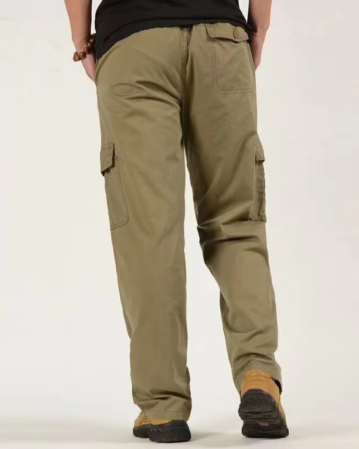 Men's Straight-Leg Cargo Trousers with Button Flap Side Pockets and Elastic Waistband