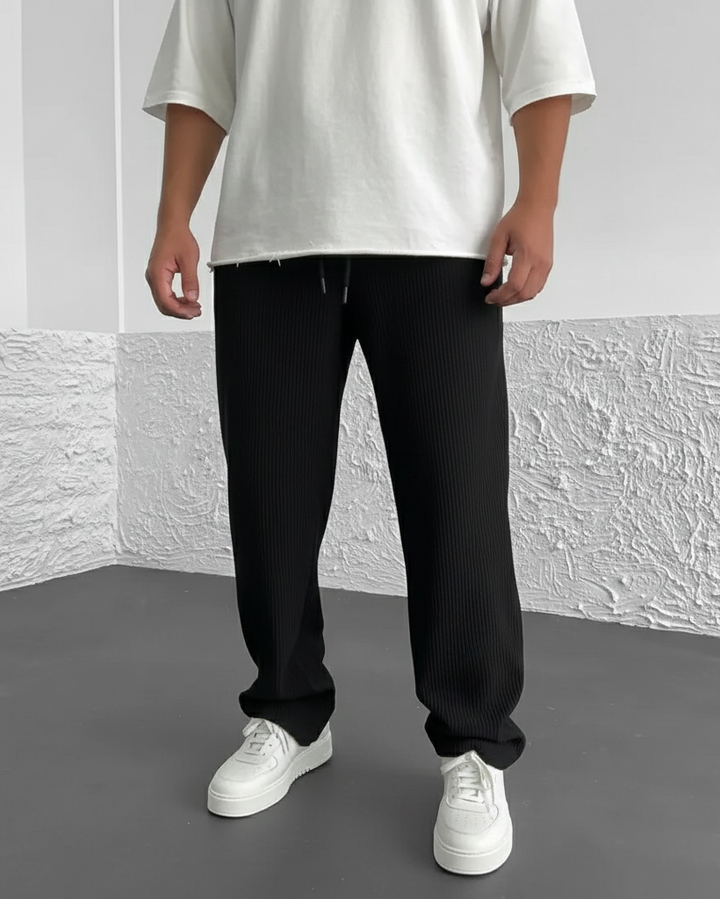 Men's Straight-Leg Trousers with Ribbed Surface and Drawstring Waistband