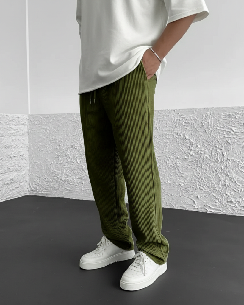 Men's Straight-Leg Trousers with Ribbed Surface and Drawstring Waistband