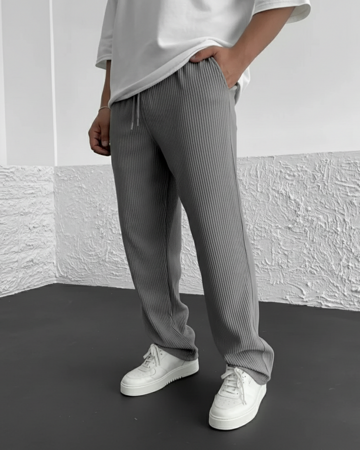 Men's Straight-Leg Trousers with Ribbed Surface and Drawstring Waistband