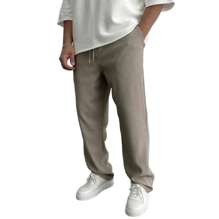 Men's Straight-Leg Trousers with Ribbed Surface and Drawstring Waistband