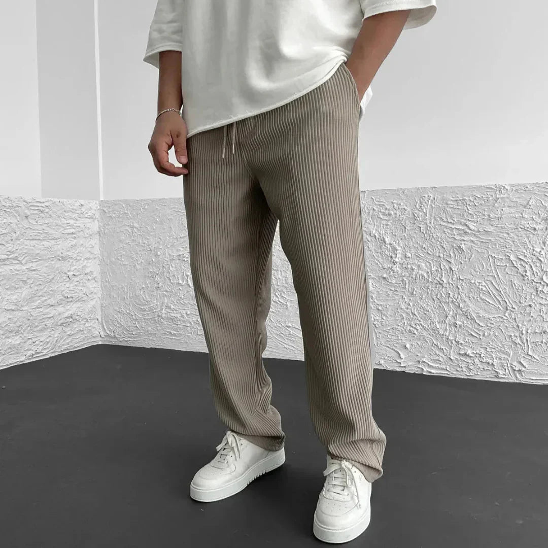 Men's Straight-Leg Trousers with Ribbed Surface and Drawstring Waistband