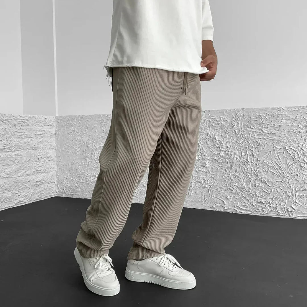 Men's Straight-Leg Trousers with Ribbed Surface and Drawstring Waistband