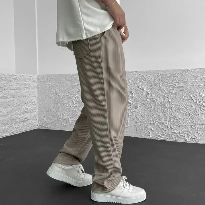 Men's Straight-Leg Trousers with Ribbed Surface and Drawstring Waistband
