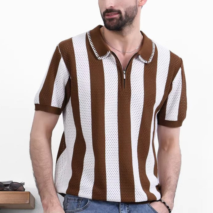 Men's Striped Knit Polo Shirt with Quarter-Zip Closure and Ribbed Cuffs
