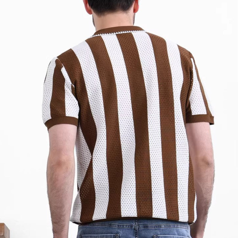 Men's Striped Knit Polo Shirt with Quarter-Zip Closure and Ribbed Cuffs