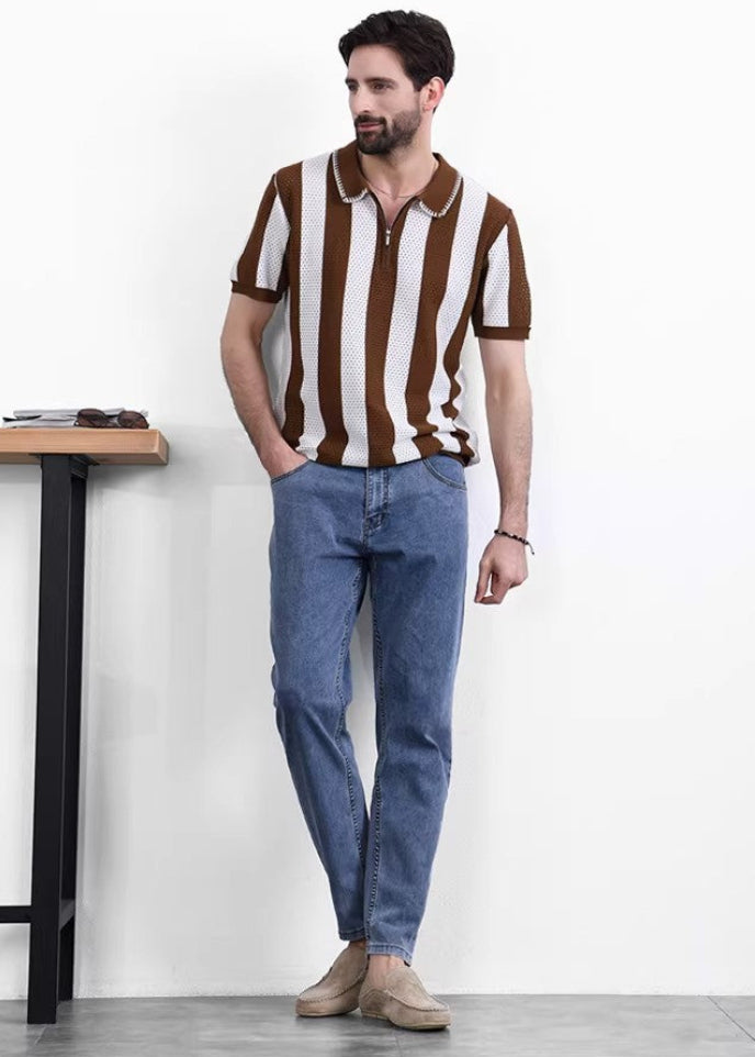 Men's Striped Knit Polo Shirt with Quarter-Zip Closure and Ribbed Cuffs