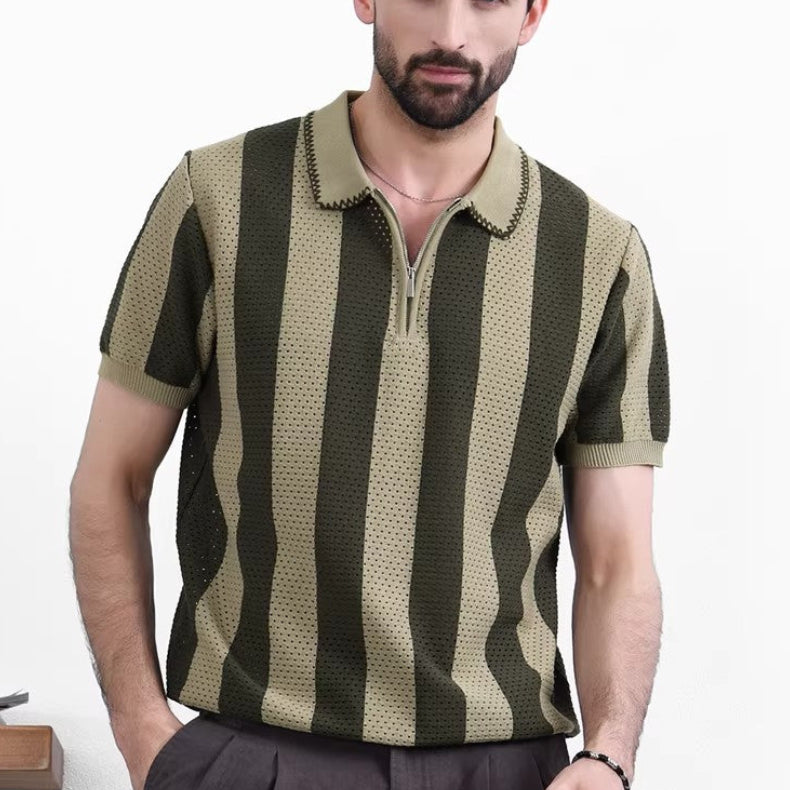 Men's Striped Knit Polo Shirt with Quarter-Zip Closure and Ribbed Cuffs