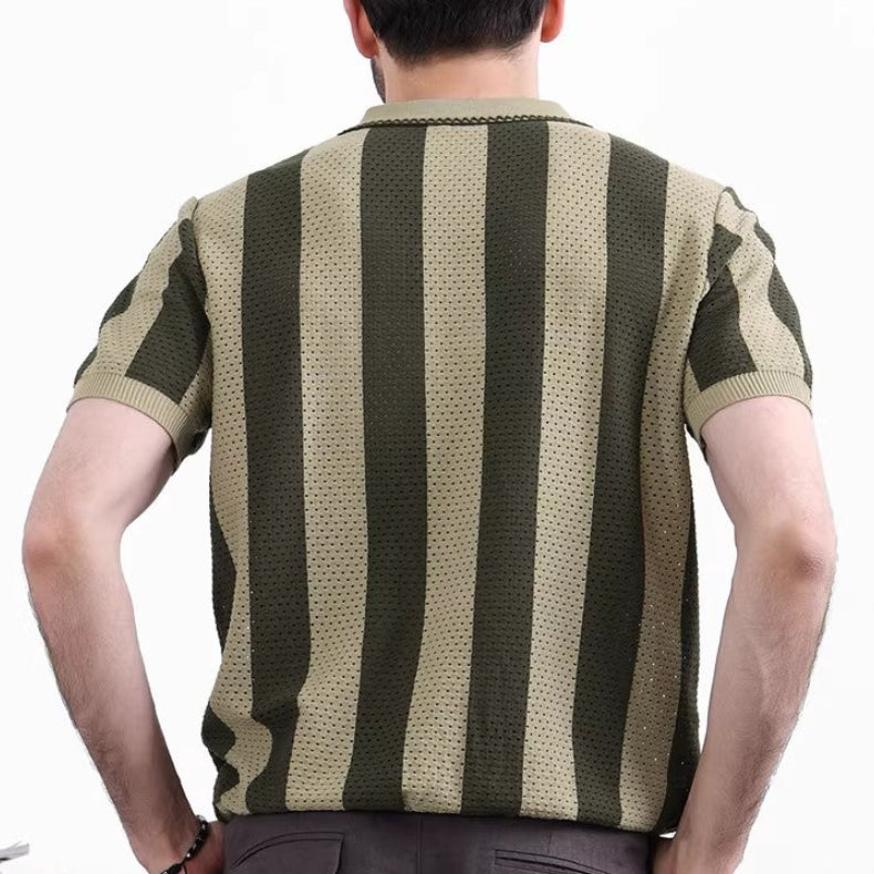 Men's Striped Knit Polo Shirt with Quarter-Zip Closure and Ribbed Cuffs