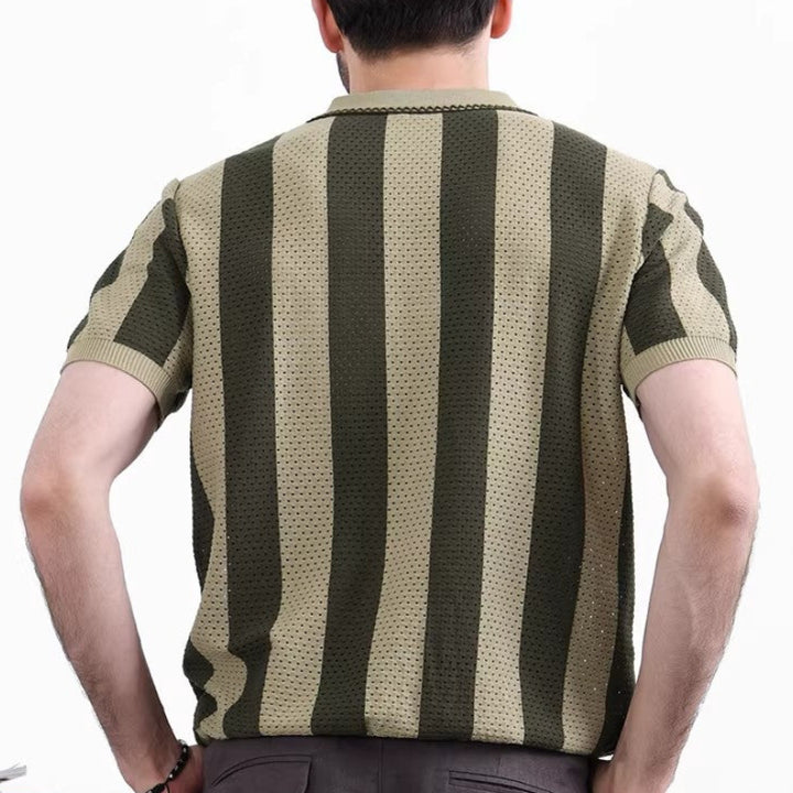 Men's Striped Knit Polo Shirt with Quarter-Zip Closure and Ribbed Cuffs