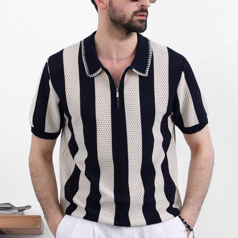 Men's Striped Knit Polo Shirt with Quarter-Zip Closure and Ribbed Cuffs